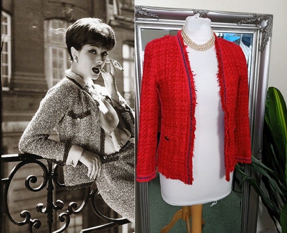 c1978-1985 Chanel Red Boucle Cropped Jacket & Skirt Suit