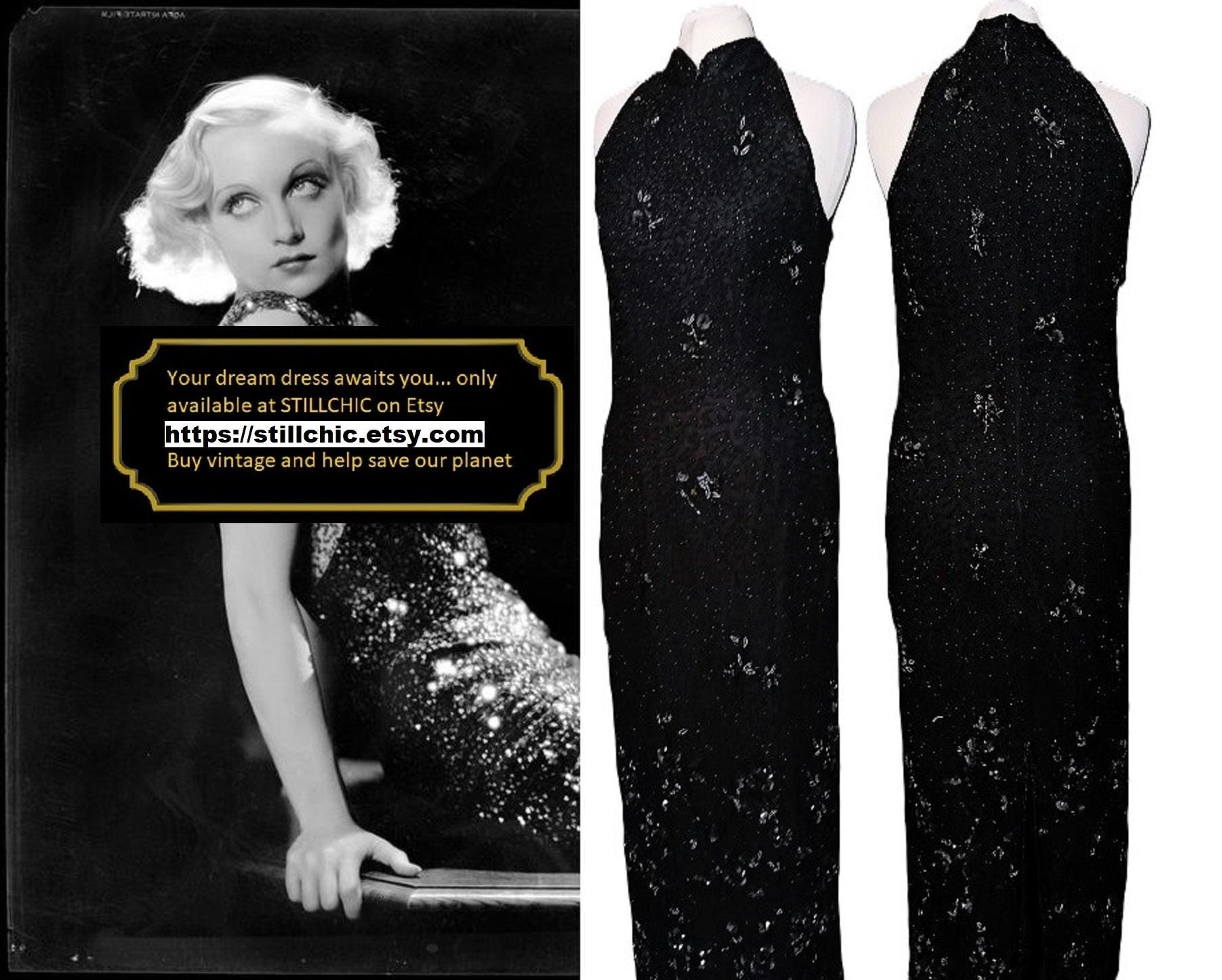 Abito vintage in seta nera con perline e paillettes: stile flapper