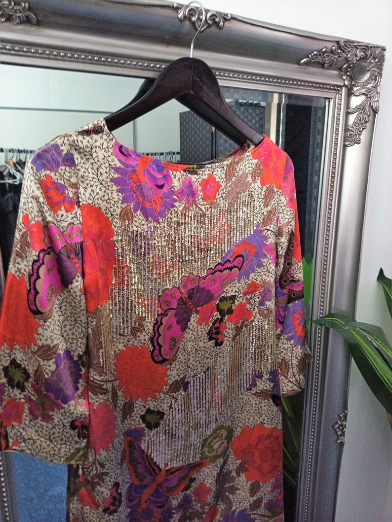 Satin Dress Tunic Dress Oriental Print Dress Boho Dress Sequinned Dress Embellished Dress Oriental Dress Smock Dress Tunic Smock