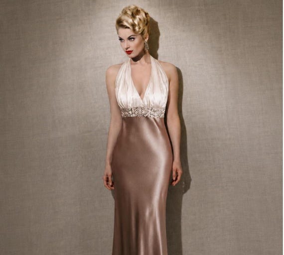bronze halter dress Liquid Satin Neck Prom Dress: Beaded Ball Gown Old Hollywood Glamour UK 10 PUG