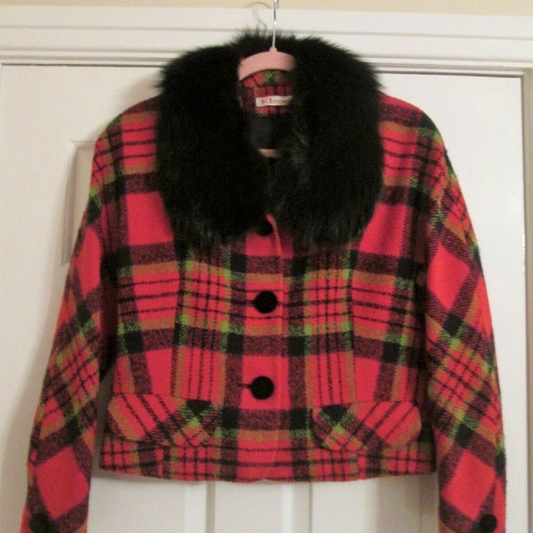 Rare!  Vintage Karl Lagerfeld Jacket  Virgin Wool Blend Coat  Plaid  Check  Red Tartan Coat  Real Fur Collar  Ladies KL Jacket  UK 12  US 8