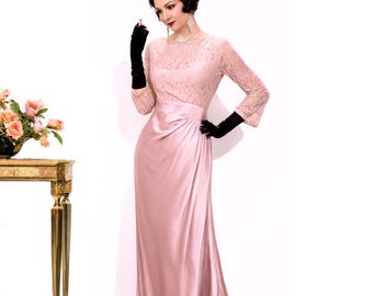 Abito da sera in raso rosa stile anni '20/'30 / Abito vintage in pizzo Art Déco / Abito glamour della vecchia Hollywood / Elegante abito formale a maniche lunghe