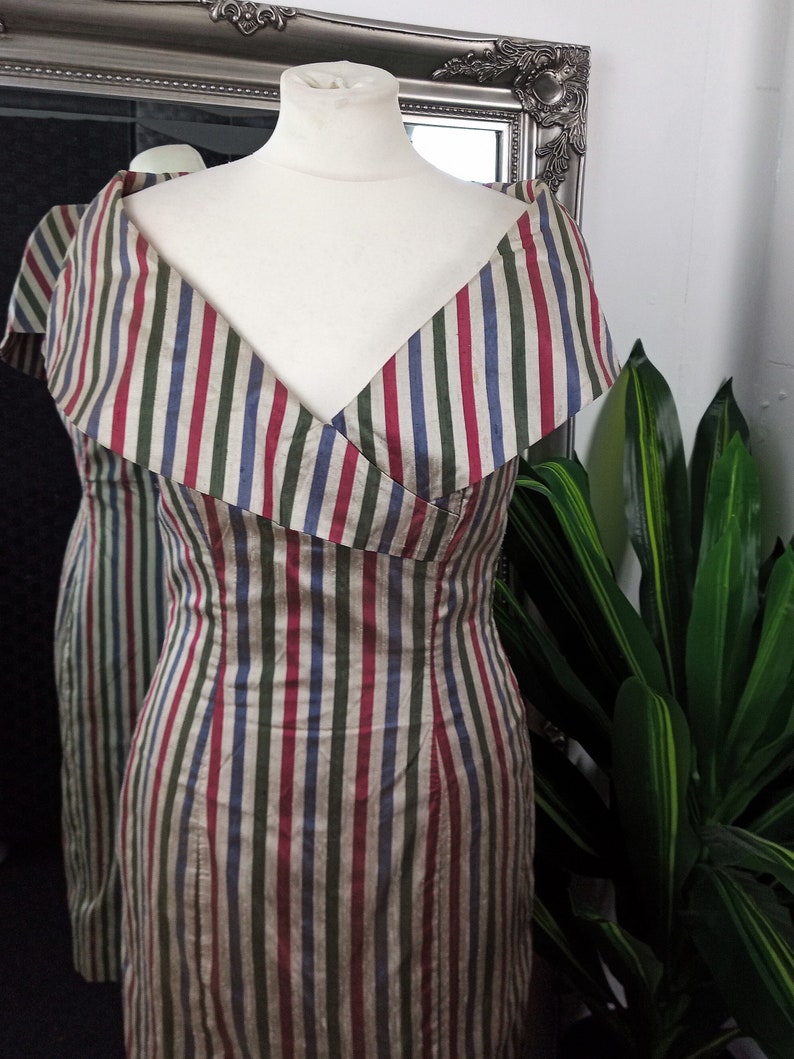 Silk Dress Wiggle Dress Stripy Dress Bardot Dress 1950s Style Dress Vintage Wiggle Dress Silk Wiggle Dress Off The Shoulder Dress