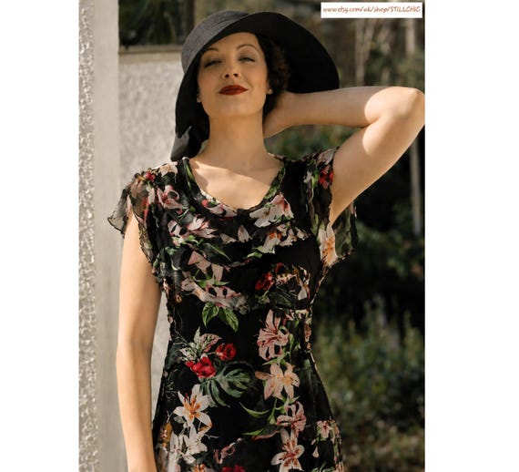 Vintage Black Silk Floral Ruffle Dress: Layered Boho Tiered Fairycore Dress