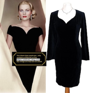 Vintage 80s Black Velvet Wiggle Dress: 1950s Style, Made in UK