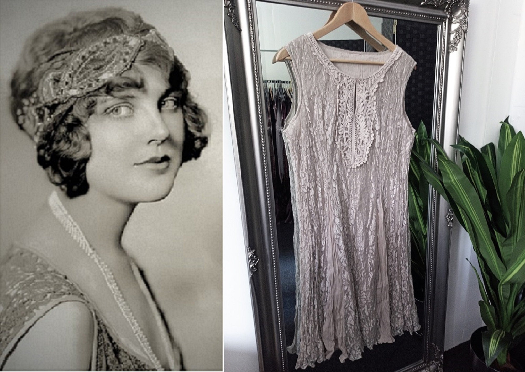 Image of Lace Dress Tea Vicose Beige Flapper S Style Downton Abbey Ruffle Mink Pleated