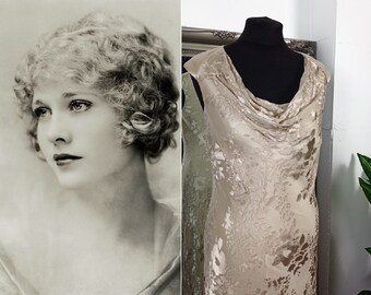 Gold Dress  Silk Dress  Bias Cut Dress  Devore Dress  Cowl Neck Dress  Satin Dress  Burnout Dress  1930s Style Dress  Boho Dress  Midi Dress