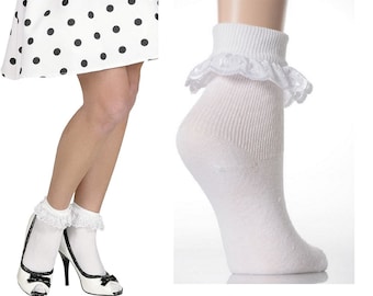 Bobby-Socken, weiße Socken, Rüschensocken, Broderie-Anglaise-Socken, Knöchelsocken, Damensocken, Mädchensocken, Rüschensocken, Rockabilly-Socken
