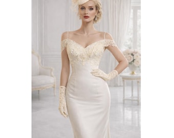 Vintage Jessica McClintock Brautkleid: Cremefarbenes Brautkleid aus Crepe & Spitze