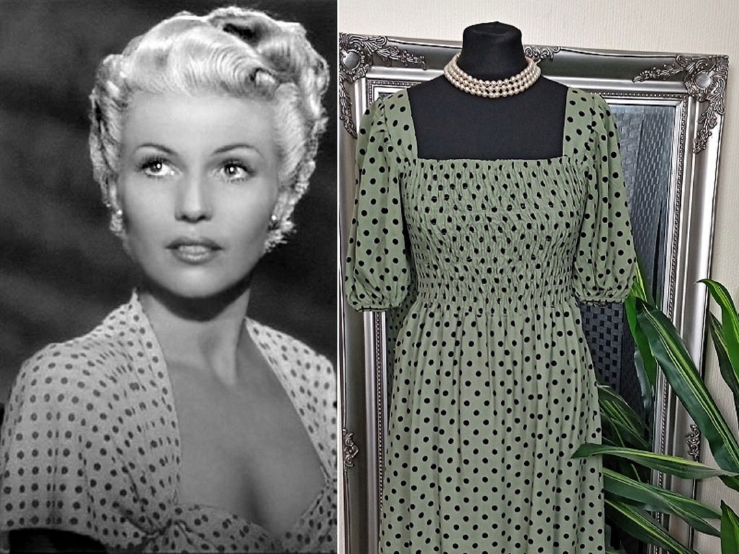 Polka Dot Dress Green Dress Square Neck Dress Pin up Dress Etsy