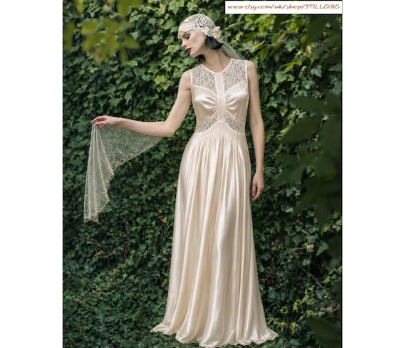 Vintage Lace & Liquid Satin Wedding Dress: Cream Bridal Gown Boho Rustic Elopement Engagement Reception  UK 10