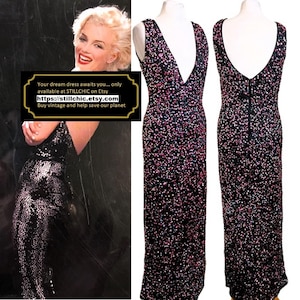 Vintage 90s Beaded Sequin Maxi Dress: Deep V Evening Gown