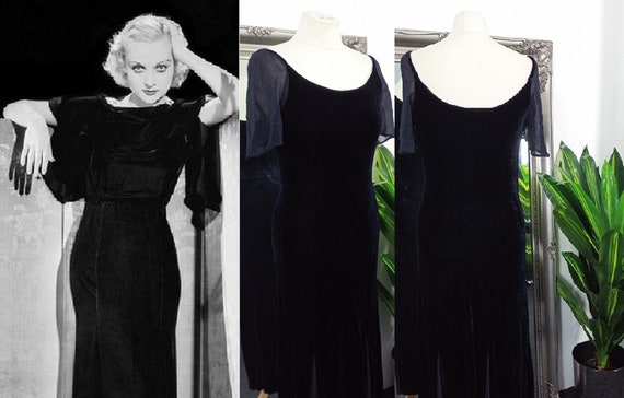 Old Hollywood ng Dress 1930s Black Silk Velvet Dress Vintage Bias Cut Size M Art Deco Motif Plunge Neck Sleeveless Evening Gown