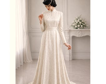 Vestido de novia vintage de satén con cuello: vestido de novia estilo damasco de los años 40, talla 12 del Reino Unido.