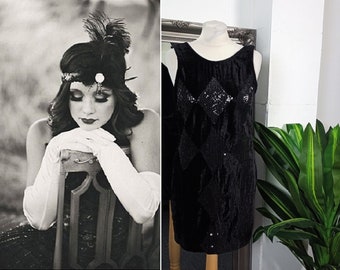 Flapper Dress  Velvet Dress  Black Velvet Dress  Sequinned Dress  Black Dress  Gatsby Dress  Downton Abbey Dress  Art Deco Dress  Cocktail