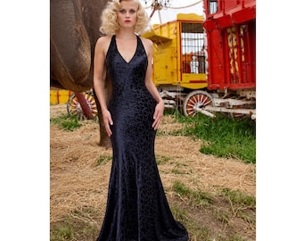 Vintage Devore Silk Bias Cut Ball Gown: Burnout Black Fishtail Prom Dress Evening Dress Black Tie Homecoming Gala Floor Length Gown