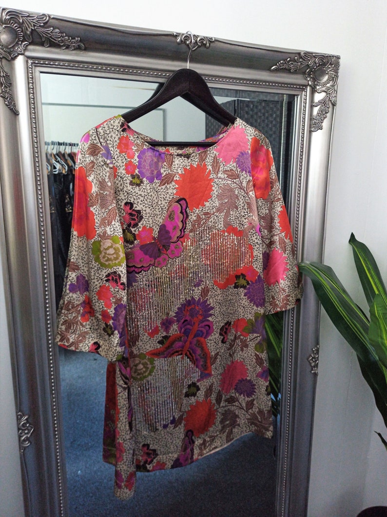 Satin Dress Tunic Dress Oriental Print Dress Boho Dress Sequinned Dress Embellished Dress Oriental Dress Smock Dress Tunic Smock