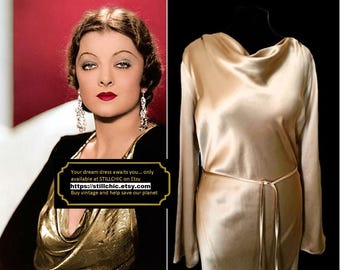 Gold Dress  Satin Dress  Cowl Neck Dress  Cocktail Dress  Evening Dress  Gold Satin Dress  Liquid Satin Dress  Slip Dress Long Sleeved Dress