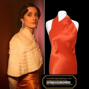 Vintage Liquid Satin Prom Dress: Burnt Orange Halter Neck Ball Gown
