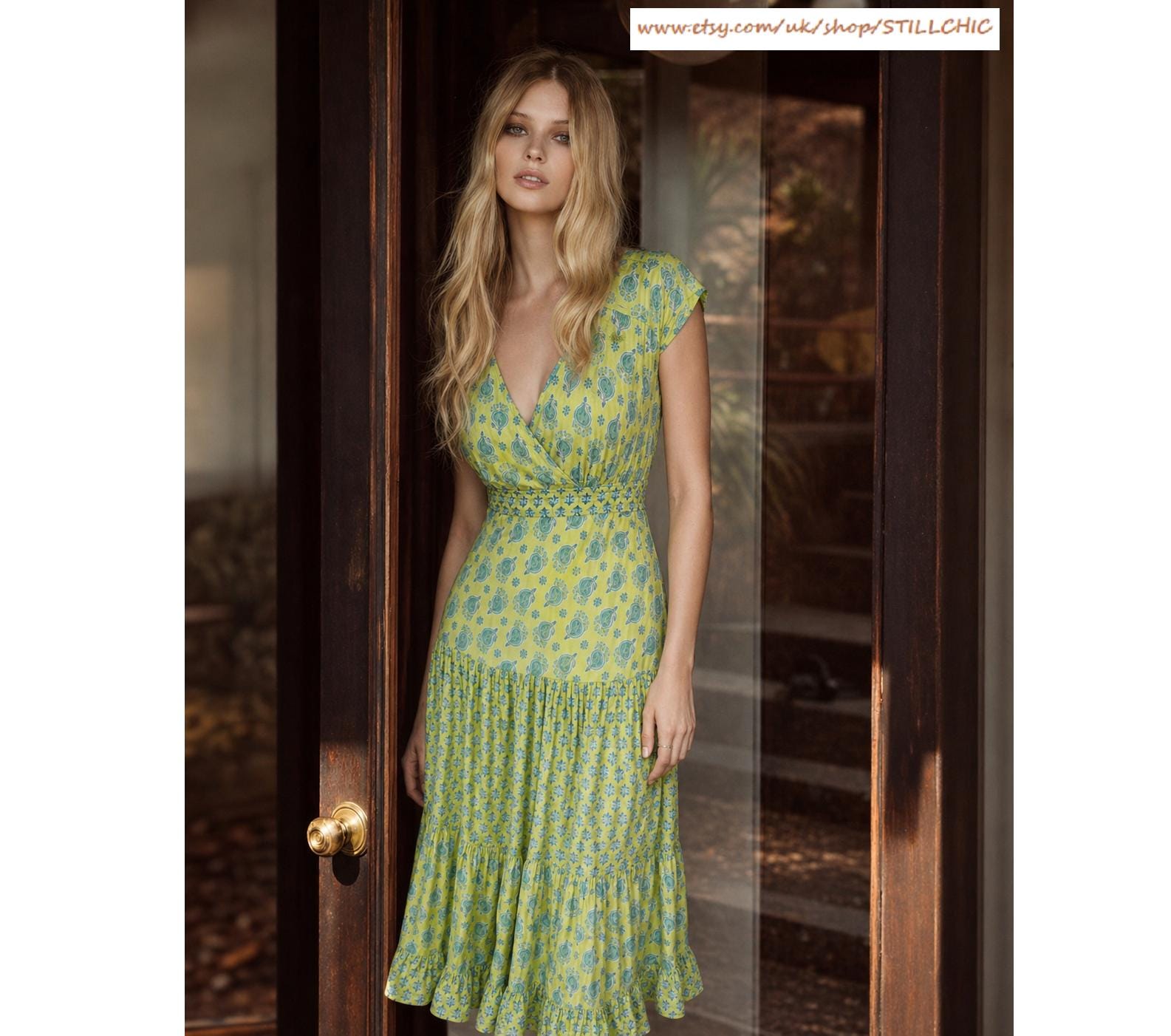 slim fit dress slacks Bright New Days Green Paisley Midi Dress – Shop the Mint main image 0