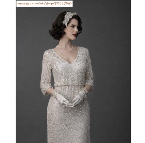 Vintage Beaded Wedding/Prom Dress: Gatsby Style Sequinned Bridal Gown