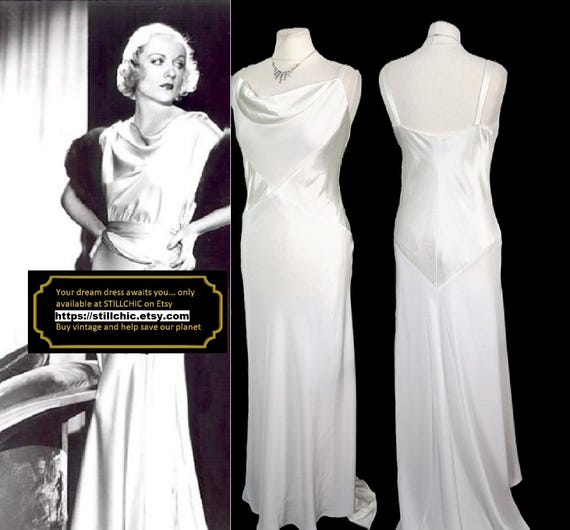 Vintage Cream Satin Cowl Neck Wedding Dress 90s Bias Cut Ball