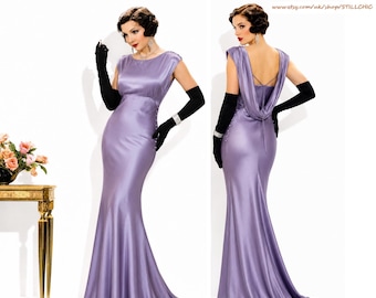 Vestido de gala vintage lila satinado con espalda drapeada: vestido largo de fiesta con corte al bies, estilo glamour del viejo Hollywood de los años 30, talla UK 12-14.
