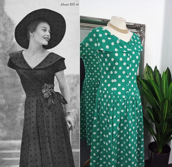 Polka Dot Dress Green Dress 1950s Style Dress C
