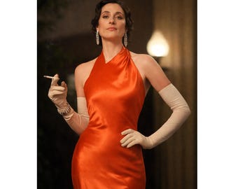 Vintage Burnt Orange Satin Ball Gown: Halter Neck Maxi Prom Dress