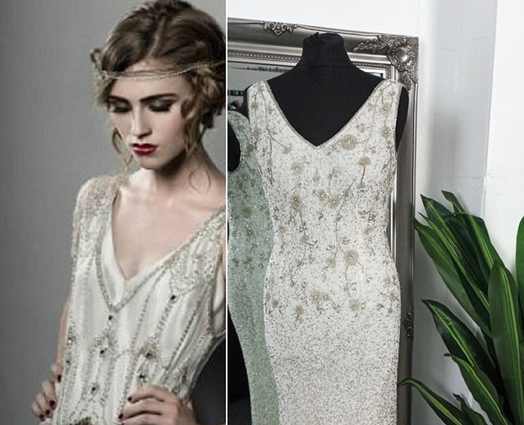 Rhinestone FLAPPER Cleopatra 1920s Wedding Dress Beaded Lace 1920s