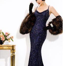 Vestido de seda con lentejuelas, cuello drapeado: vestido de baile al bies