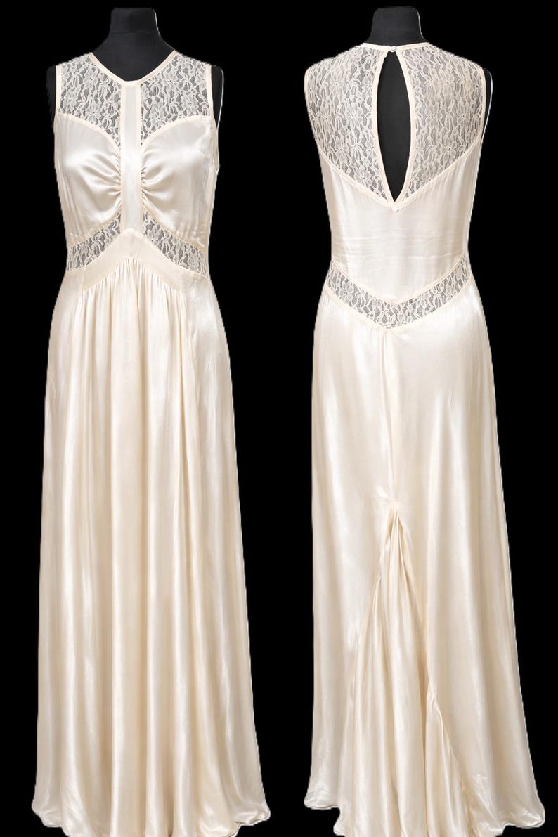 Vintage Lace & Liquid Satin Brautkleid: Creme Brautkleid Boho Rustikal Elopement Verlobung Empfang UK 10 Bild 4