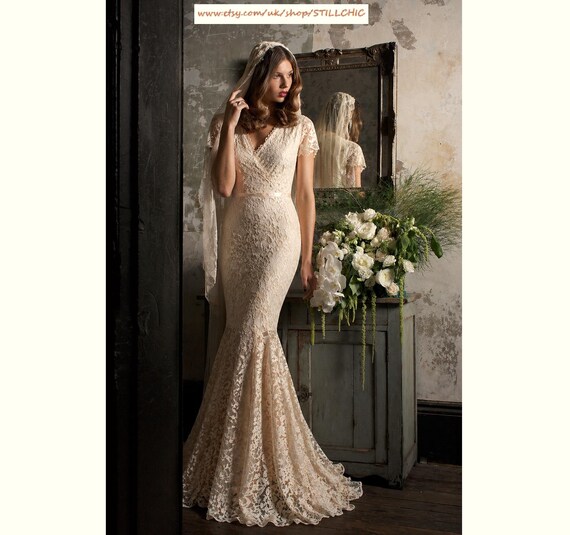 Vintage UK Made Lace Mermaid Wedding Dress: Cream Fishtail Bridal Gown