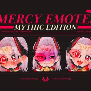 May include: Three digital emotes featuring a pink-haired anime character with red eyes and a red and gold outfit. The character has different facial expressions in each emote. The emotes are labelled "Mercy Emotes Mythic Edition" and "Sizes: 112/56/28 PX".