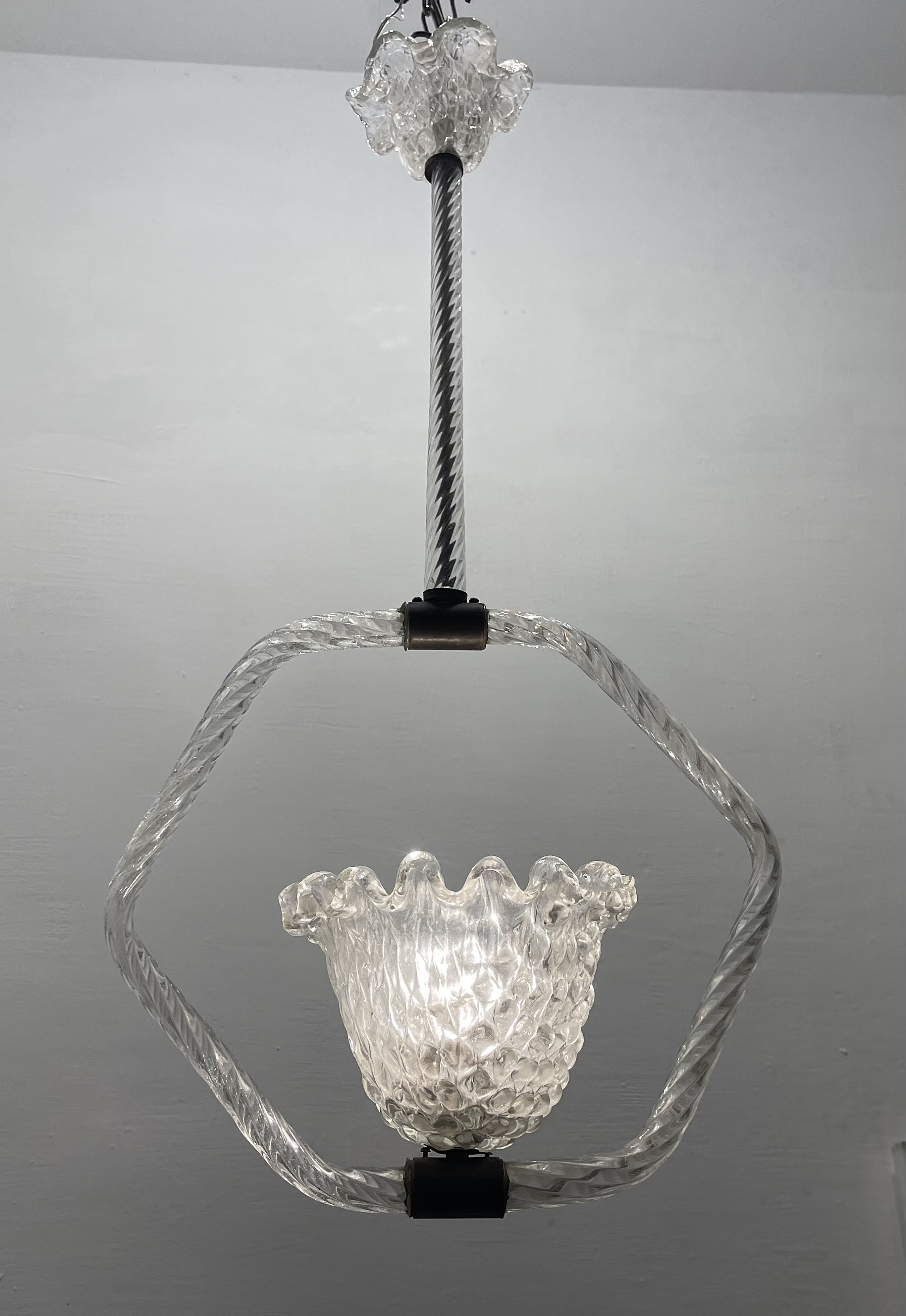 Vintage Murano Glass Pendant Light, Art Deco 1940s Barovier & Toso