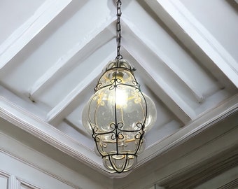 Lampe à suspension vintage rare en verre de Murano, lustre en fer forgé, lanterne vintage italienne originale, câblage compatible avec les États-Unis, livraison gratuite