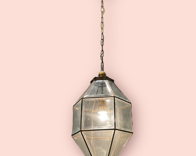 Vintage Lantern, Pendant Light, Brass Hall Light, Vintage Italian Glass