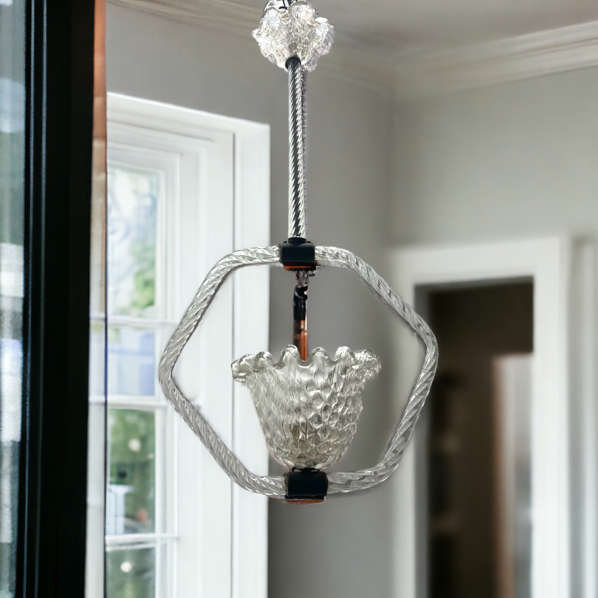 Vintage Murano Glass Pendant Light, Art Deco 1940s Barovier & Toso