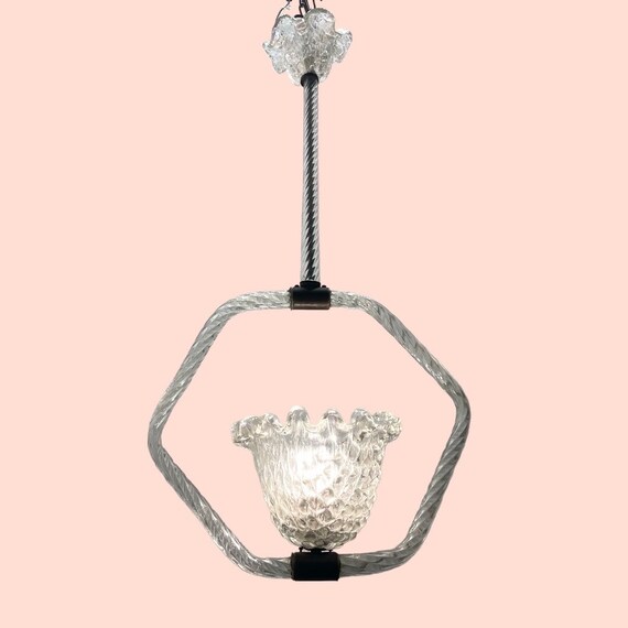 Vintage Murano Glass Pendant Light, Art Deco 1940s Barovier & Toso