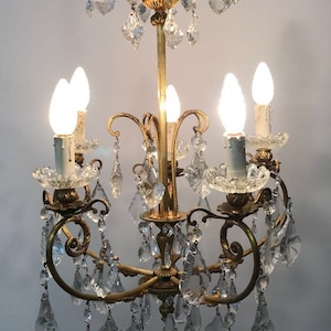 Vintage French Bronze Crystal Chandelier: Italian 5-Light Lamp