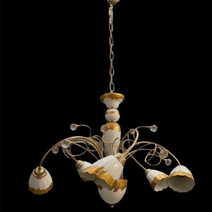 Vintage White and Gold Porcelain Chandelier, Crystal Lamp, Limoges Porcelain Pendant Light, Lamp