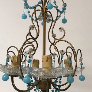 Vintage Murano Chandelier, Mid-Century Boho Glam Lighting With Blue Murano Hand Crafted Glass Beads, Gold Gilded Pendant Light