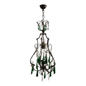 Vintage Art Deco Crystal Chandelier: Green Beaded Light Fixture