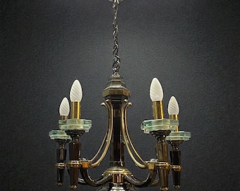 Vintage Italian Crystal Brass Chandelier: Mid-Century Black Gold Pendant Light