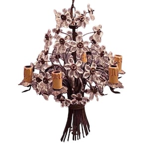 Vintage Murano Crystal Chandelier, Vintage Tole Italian Flower Chandelier, Free Shipping USA, Wiring Compatible USA