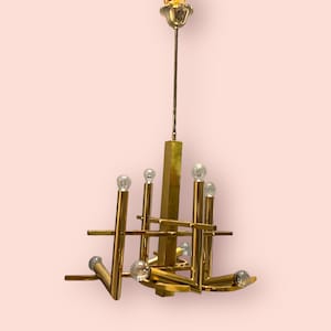 Vintage Italian Pendant Light, Mid century Italian Crystal Brass Crystal Chandelier Light, Gold Light
