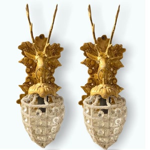 Vintage Stag Head Sconces: Gold Deer Wall Lights with Crystal Beads