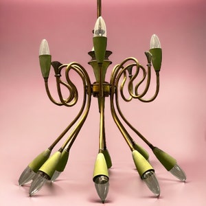 Original Italian Light Fixture, Vintage Pendant Light, Green, Brass Stilnovo Chandelier, Wiring Compatible USA, Free Shipping USA