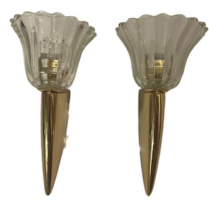 Vintage Murano Glass Sconces: Italian Brass Midcentury Wall Lights (Set of Two)