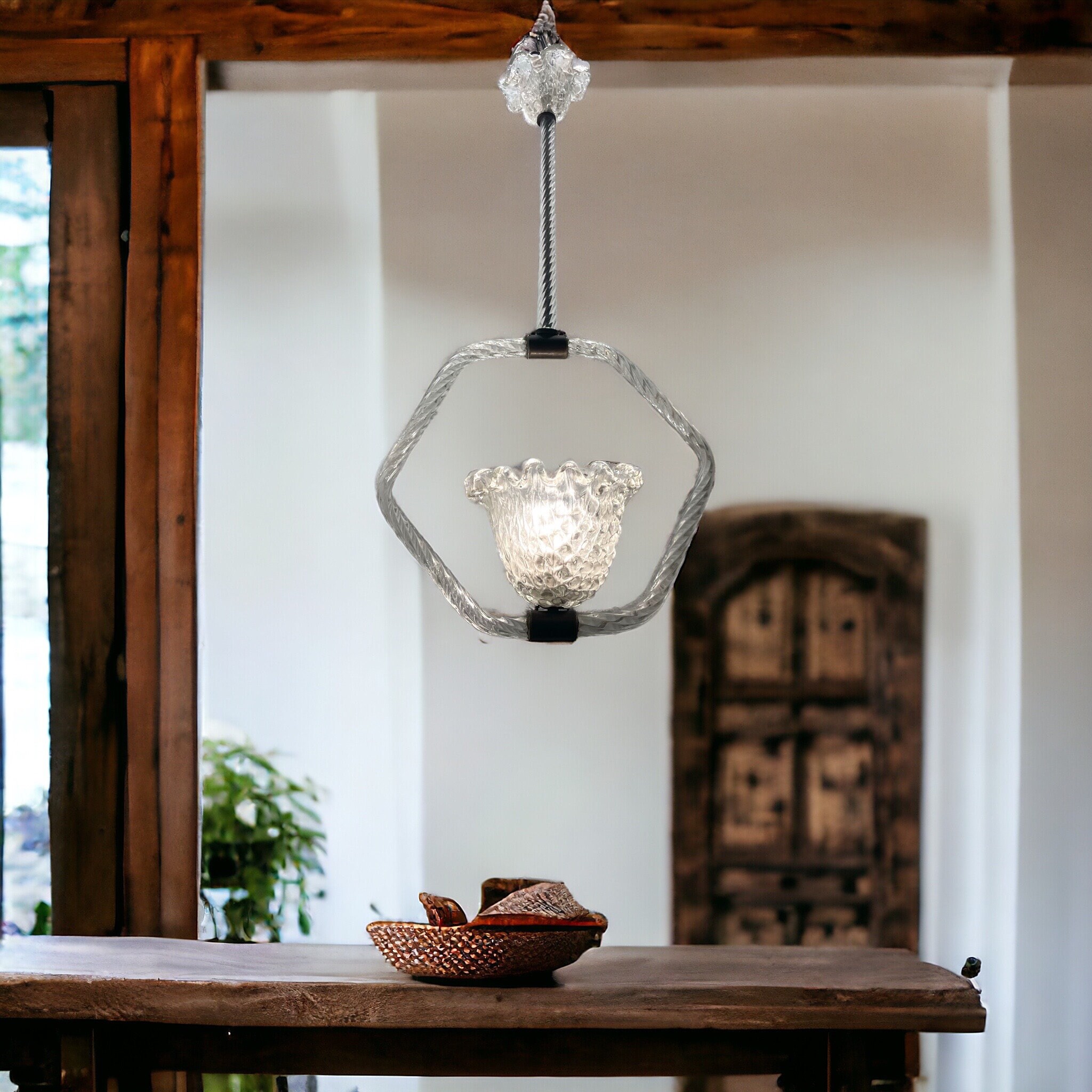 Vintage Murano Glass Pendant Light, Art Deco 1940s Barovier & Toso